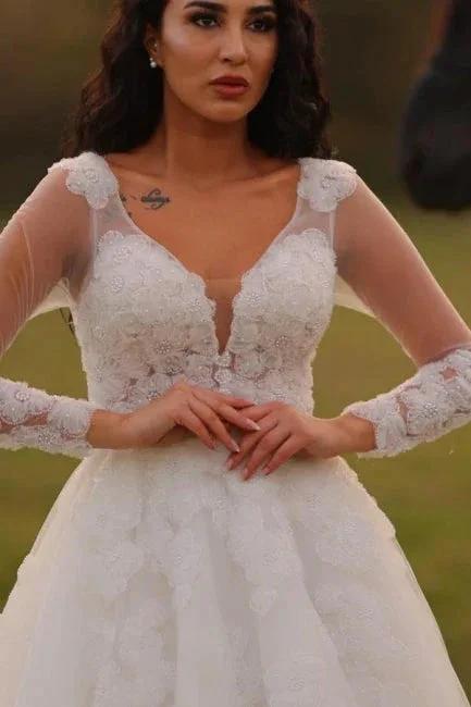 Designer Long A-line V-neck White Lace Wedding Dresses with Long Sleeves (ZD15610)