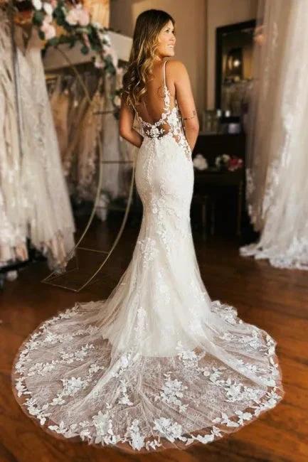 Designer Long Mermaid Spaghetti Straps V-neck Backless Wedding Dress (ZD15600)