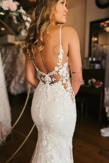 Designer Long Mermaid Spaghetti Straps V-neck Backless Wedding Dress (ZD15600)