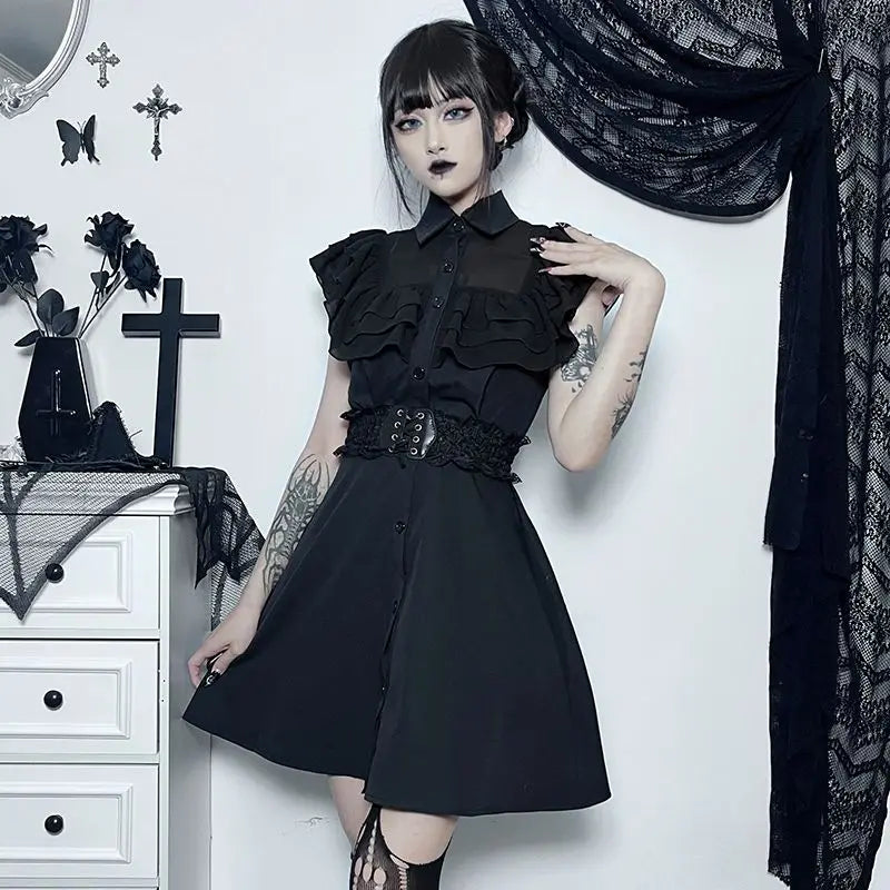 Gothic Ruffled Mesh Splicing A Line Black Dress