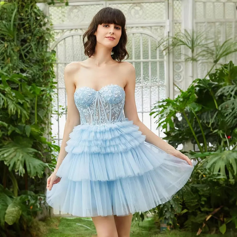 Hearty Sky Blue Prom Dresses Tulle Strapless Tiered pleat Ruched Above Knee Homecoming Dresses vestidos de graduación