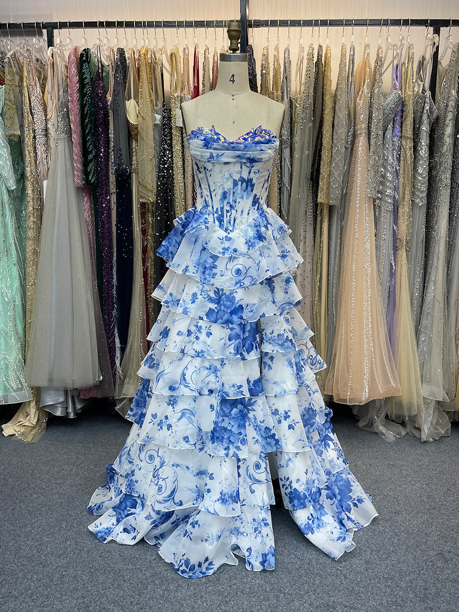 Dramatic Tiered Ruffle Prom Dress with Corset Bodice - FashionDia