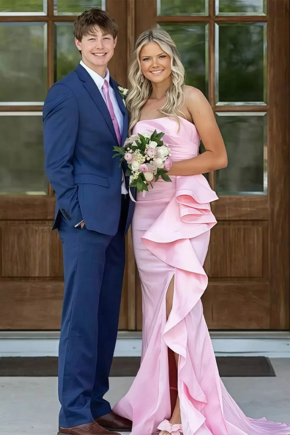 Dreamy Mermaid Strapless Pink Long Prom Dress with Train - FashionDia