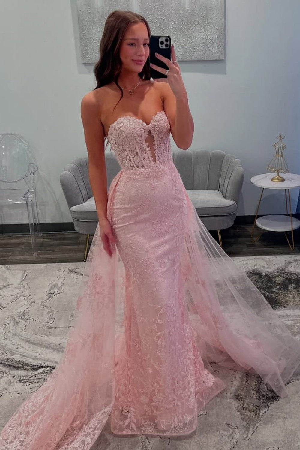 Dreamy Mermaid Sweetheart Pink Lace Long Prom Dress with Tulle Train - FashionDia