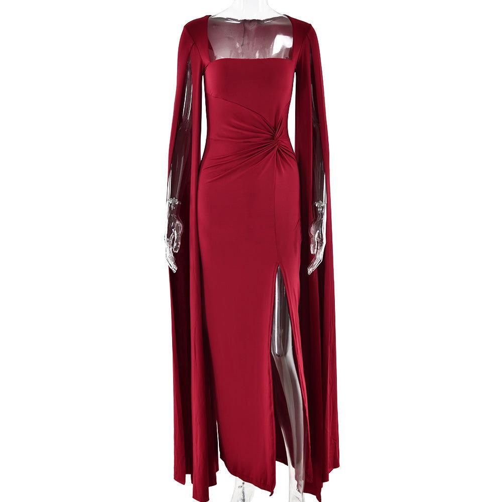 Dress Square Collar Mop Long Sleeve High Slit Solid Color Dress