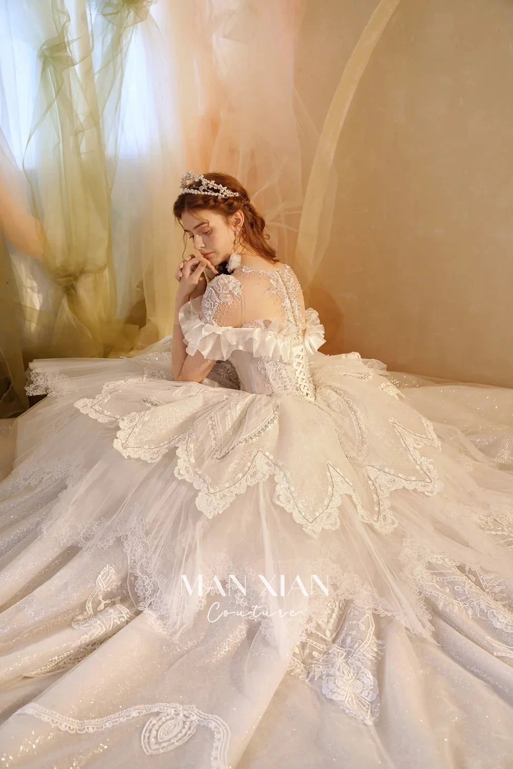Luminous Ivory Sweetheart Glitter Tulle Ball Gown with Ruffled Sleeves, Pearl Embroidery & Lace Train (ZD16939) - View 7 | VelvetHem