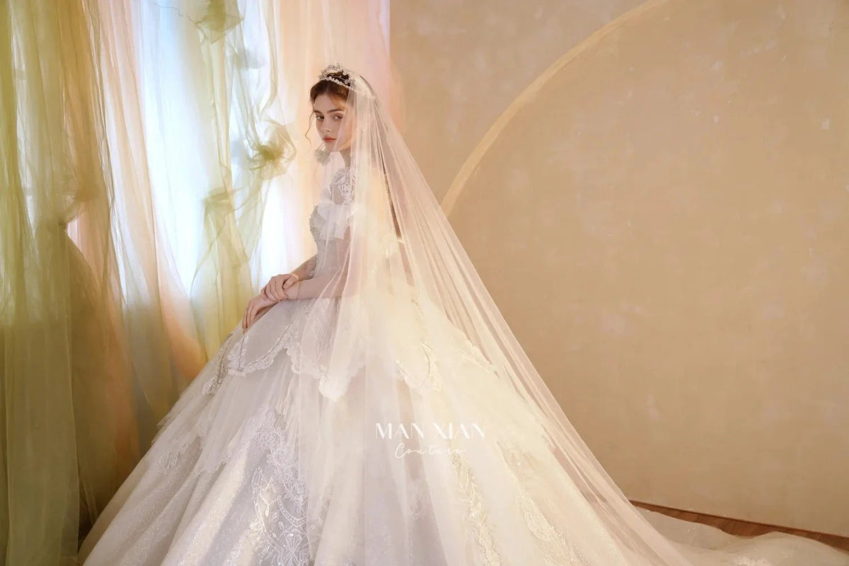 Luminous Ivory Sweetheart Glitter Tulle Ball Gown with Ruffled Sleeves, Pearl Embroidery & Lace Train (ZD16939) - View 8 | VelvetHem