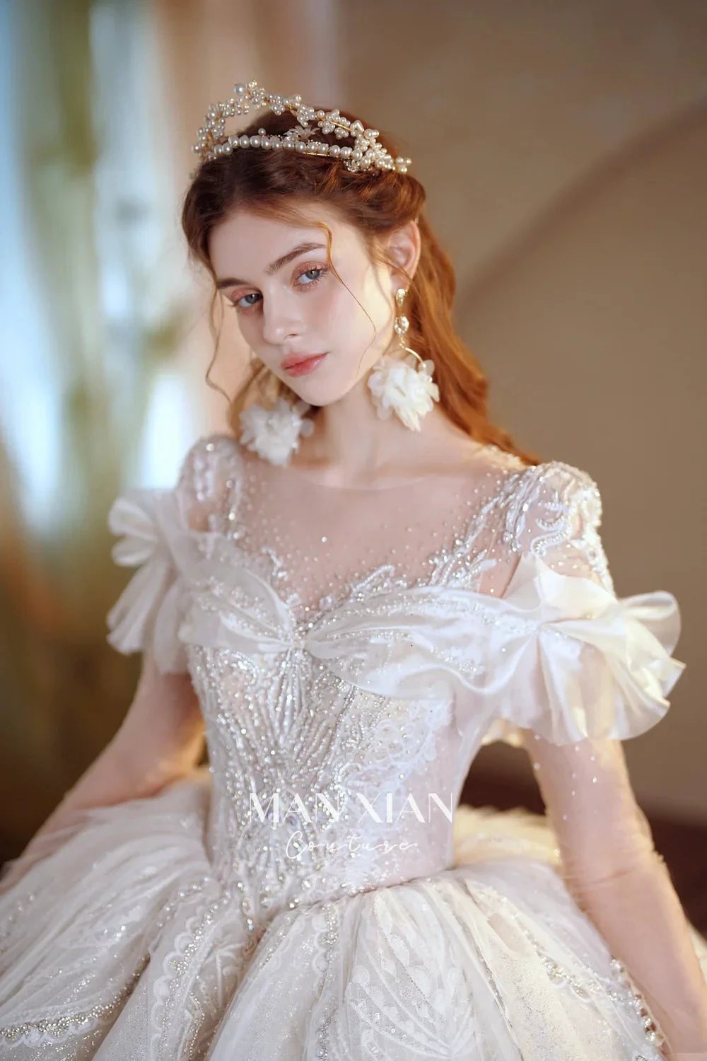 Luminous Ivory Sweetheart Glitter Tulle Ball Gown with Ruffled Sleeves, Pearl Embroidery & Lace Train (ZD16939) - View 2 | VelvetHem