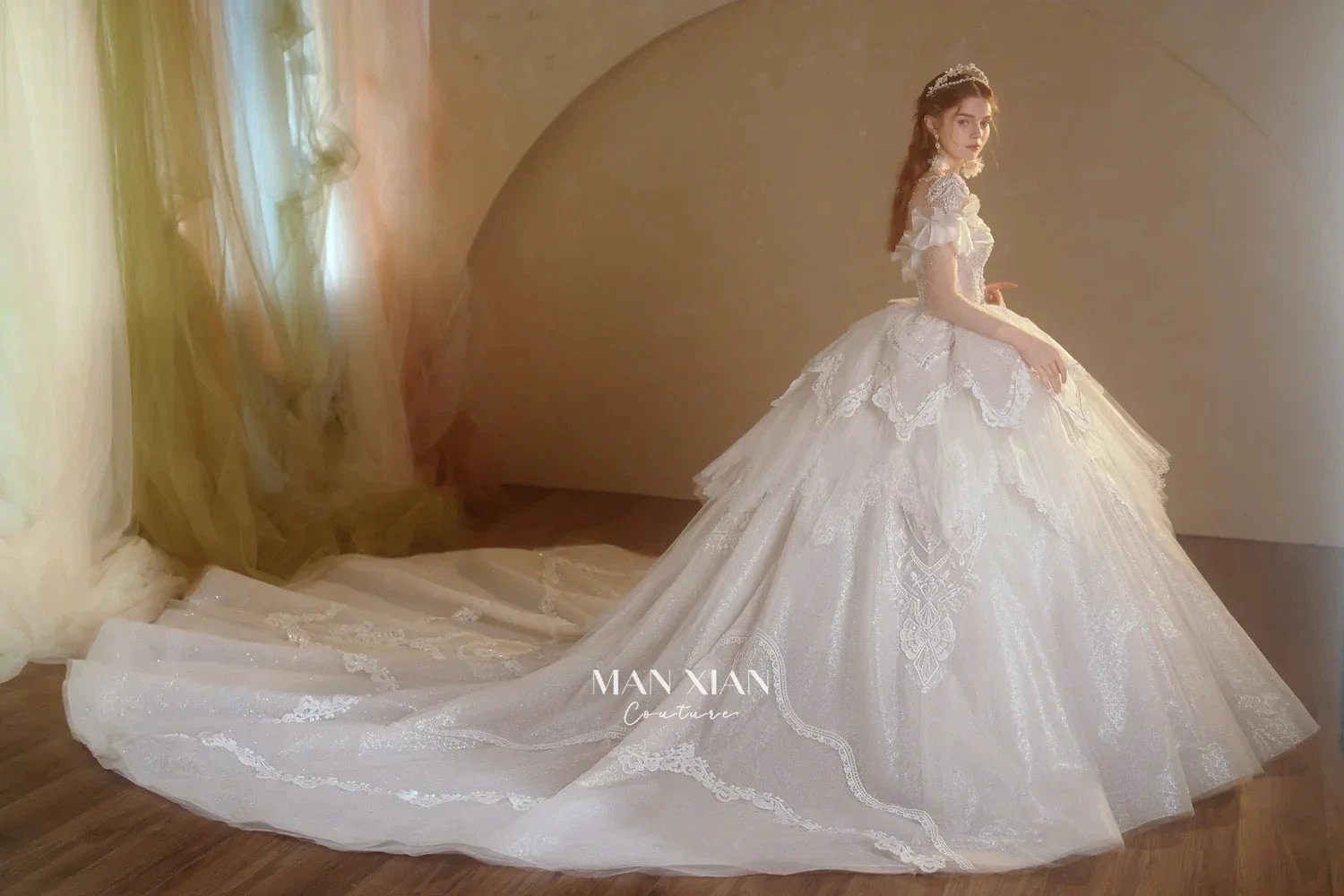 Luminous Ivory Sweetheart Glitter Tulle Ball Gown with Ruffled Sleeves, Pearl Embroidery & Lace Train (ZD16939)