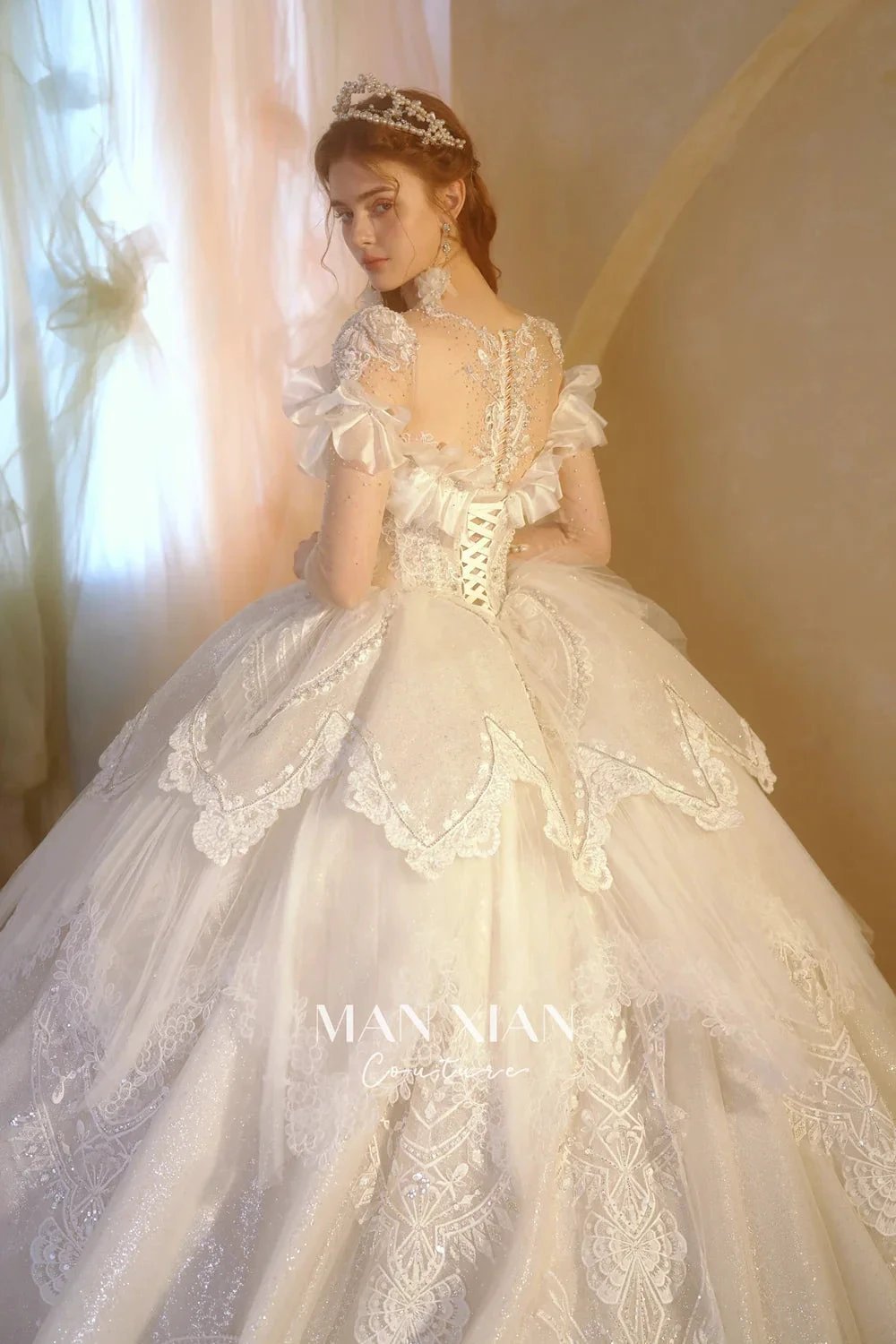Luminous Ivory Sweetheart Glitter Tulle Ball Gown with Ruffled Sleeves, Pearl Embroidery & Lace Train (ZD16939) - View 6 | VelvetHem