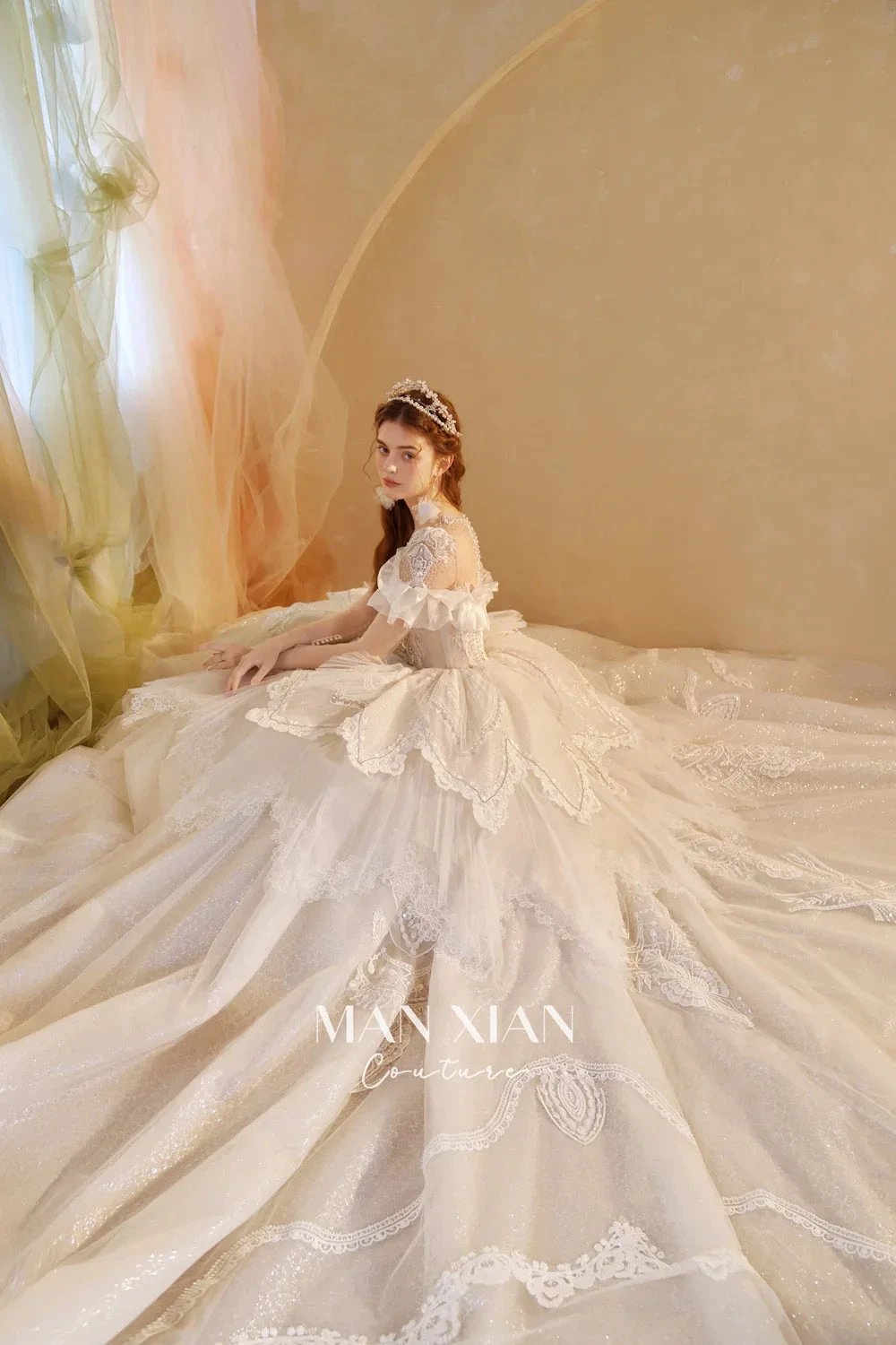 Luminous Ivory Sweetheart Glitter Tulle Ball Gown with Ruffled Sleeves, Pearl Embroidery & Lace Train (ZD16939) - View 9 | VelvetHem