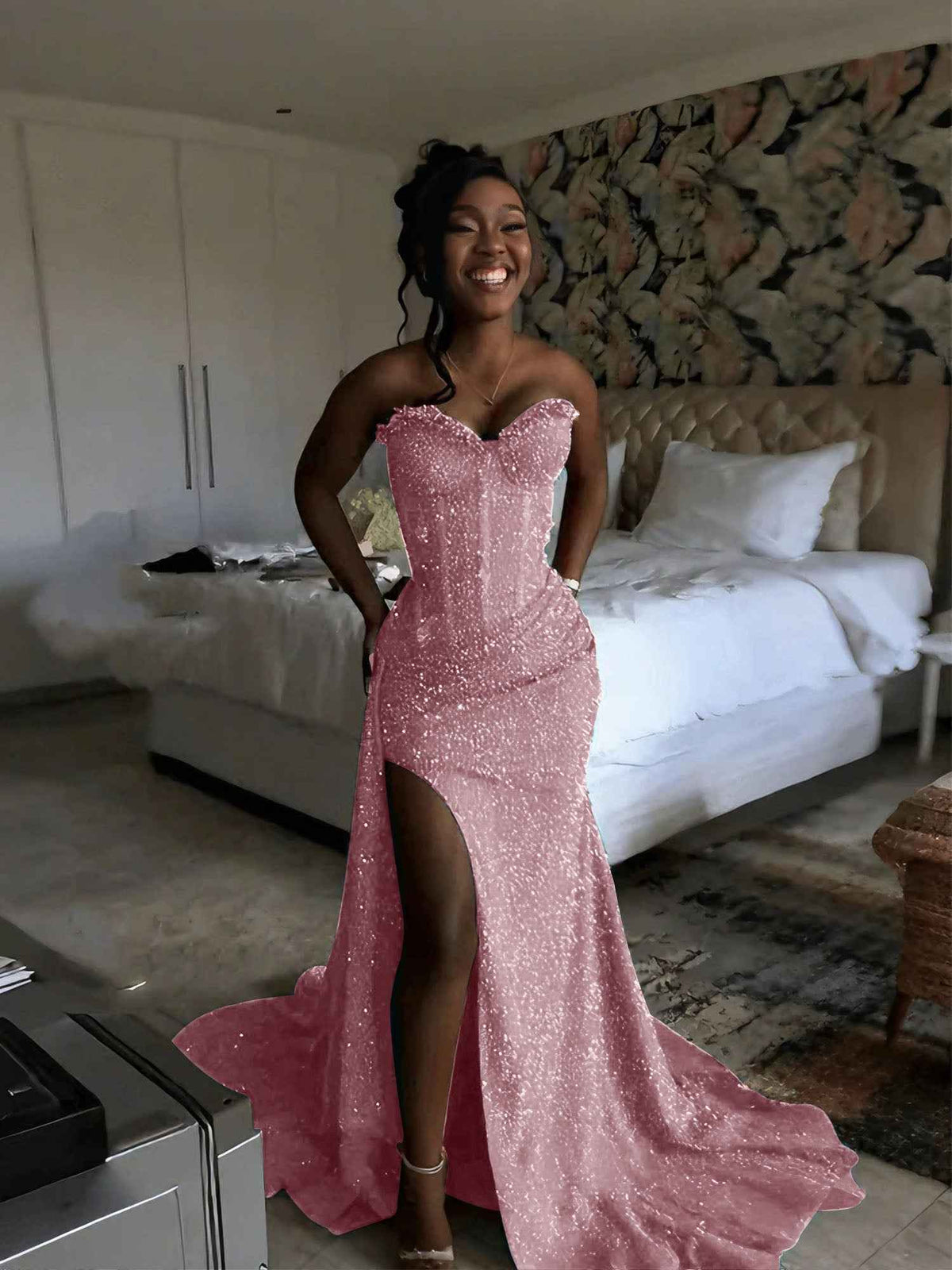 Glitter Strapless Mermaid Sequined Long Prom Dress with Slit (ZD17399)