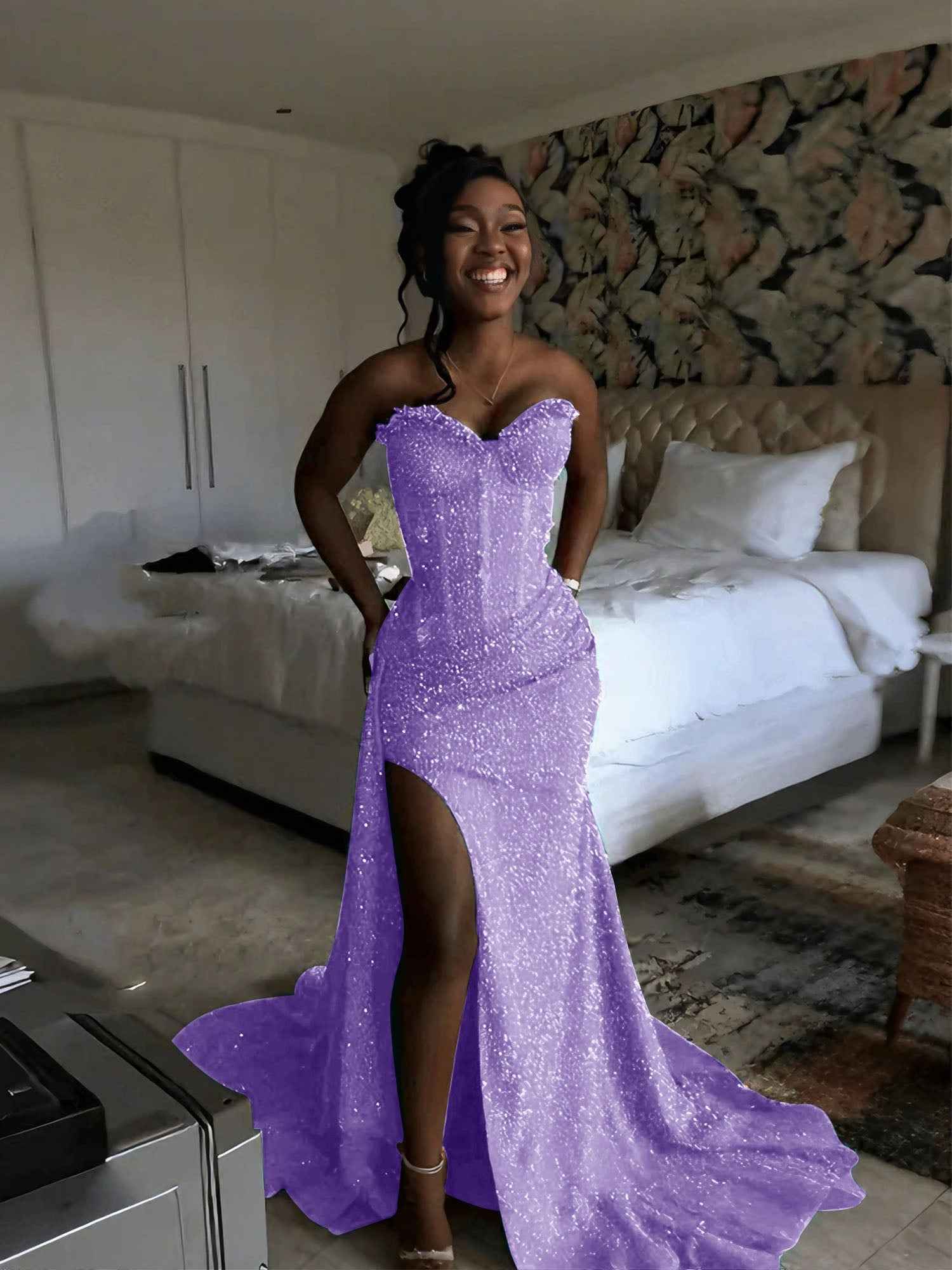 Glitter Strapless Mermaid Sequined Long Prom Dress with Slit (ZD17399)