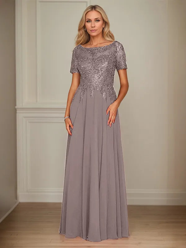 A-Line Chiffon Boat Neck Short Sleeves Floor-Length Mother of the Bride Dresses - View 11 | FashionDia