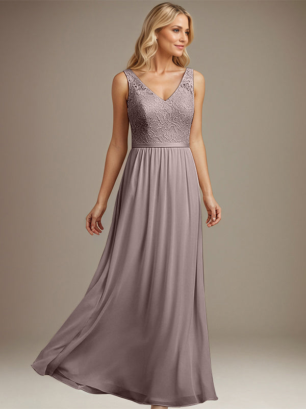 Dusty Blue A-Line V-Neck Floor-Length Lace Chiffon Mother of the Bride Dress - View 8 | FashionDia