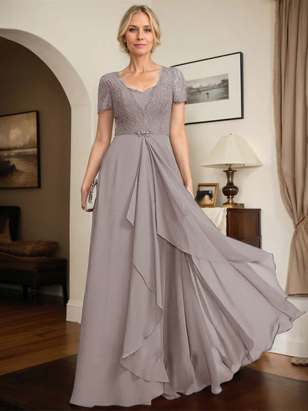 A-line Sweetheart Floor-Length Chiffon Lace Mother of the Bride Dress With Beading Cascading Ruffles - View 13 | FashionDia