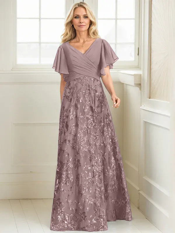 A-line V-Neck Floor-Length Lace Sequin Chiffon Mother of the Bride Dress With Pleated - View 10 | FashionDia
