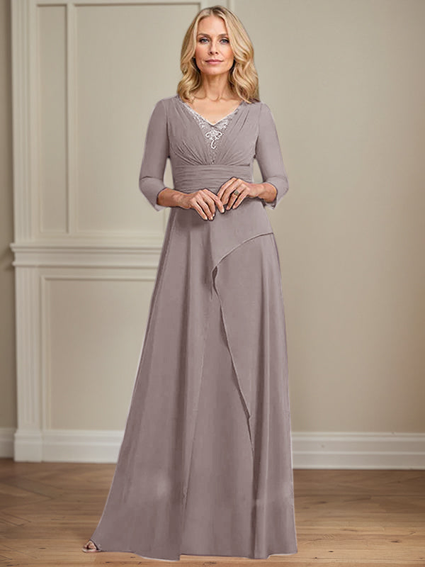 A-line V-Neck Floor-Length Chiffon Mother of the Bride Dress With Pleated Beading - View 15 | FashionDia