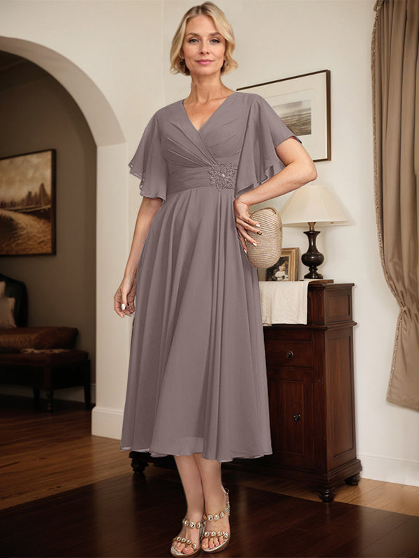 A-line V-Neck Tea-Length Chiffon Mother of the Bride Dress With Pleated Beading - View 14 | FashionDia