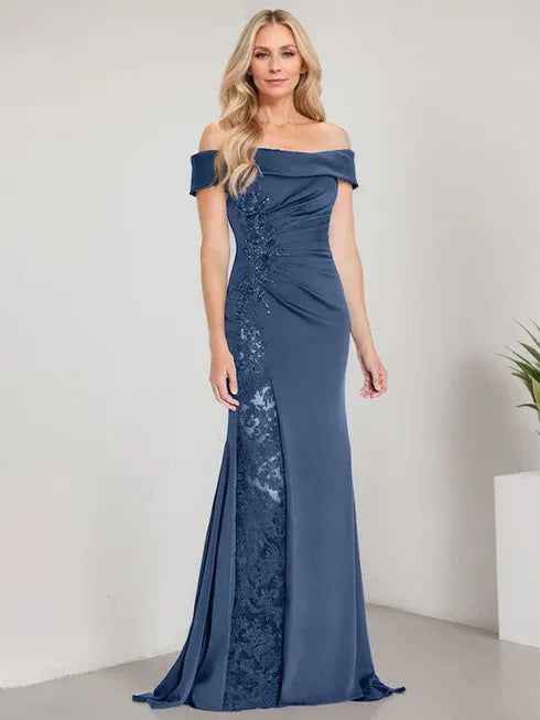 A-Line Off-the-Shoulder Floor-Length Mother of the Bride Dress Applique Beadings Mermaid Dress With High Split - View 11 | FashionDia