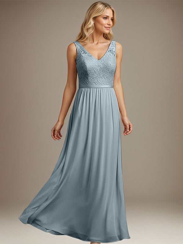 Dusty Blue A-Line V-Neck Floor-Length Lace Chiffon Mother of the Bride Dress - FashionDia