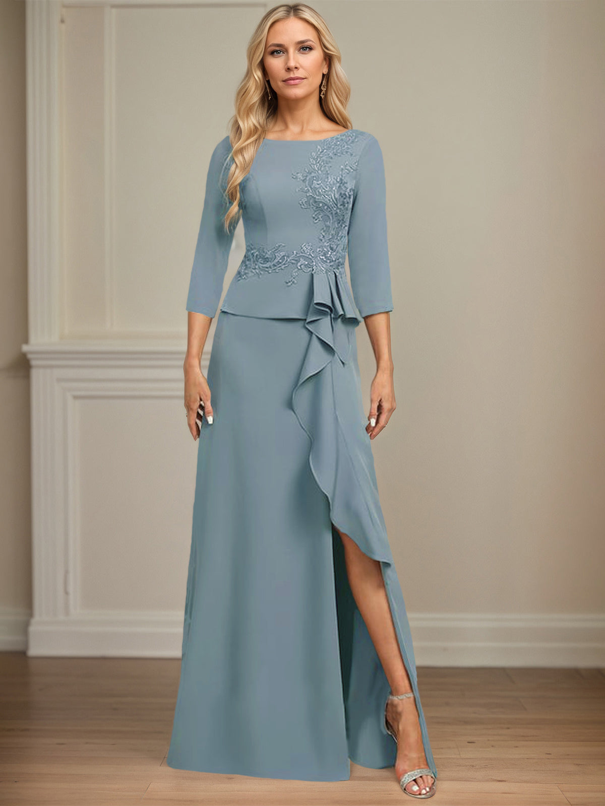 Sheath/Column Scoop Floor-Length Stretch Crepe Dress With Cascading Ruffles Appliques