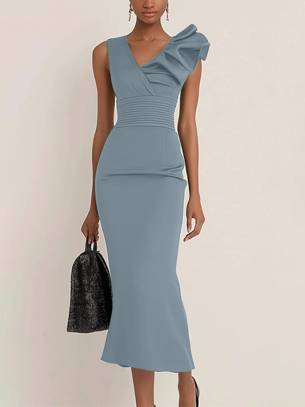 Work Semi-Formal Dress Green Sleeveless Ruffle Fitted Midi Dress - View 6 | FashionDia