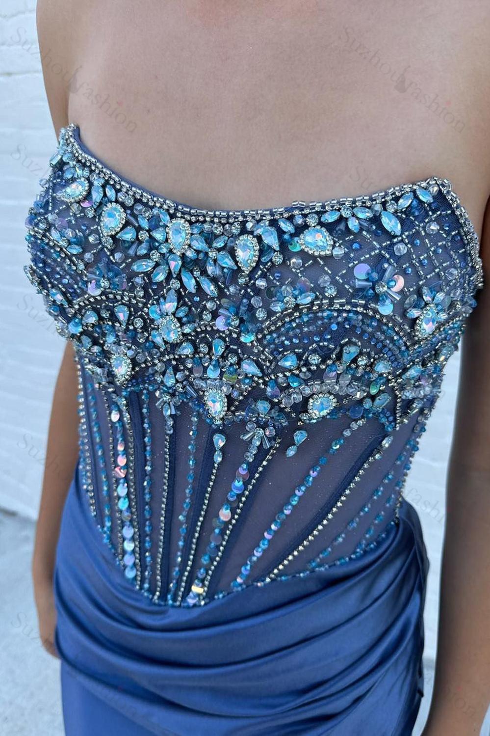 Dusty Blue Prom Dress Strapless Corset Long Formal Dress With Slit