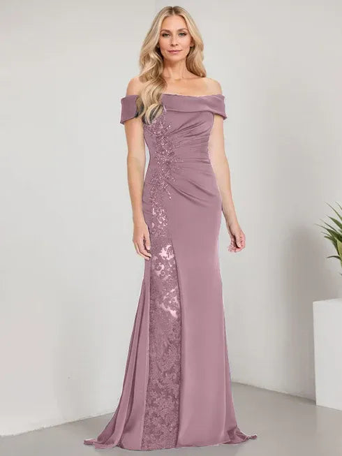 A-Line Off-the-Shoulder Floor-Length Mother of the Bride Dress Applique Beadings Mermaid Dress With High Split - View 12 | FashionDia