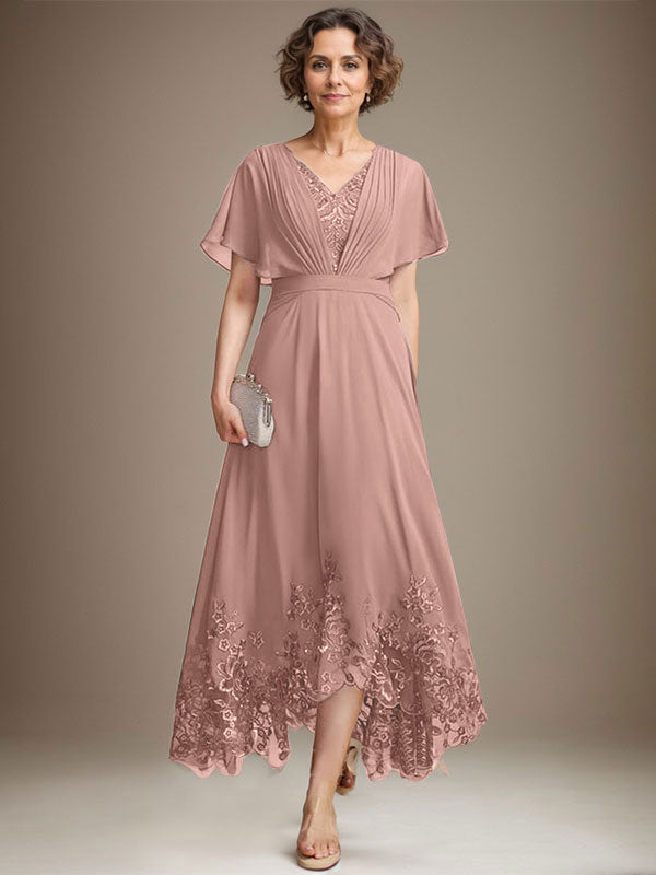 A-line V-Neck Asymmetrical Lace Chiffon Mother of the Bride Dress With Pleated - View 15 | FashionDia