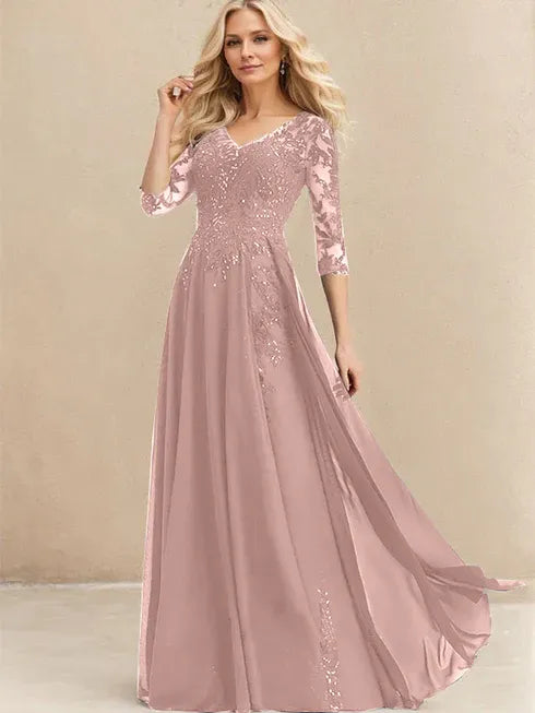 A-line V-Neck Floor-Length Lace Chiffon Mother of the Bride Dress With Sequins - View 14 | FashionDia