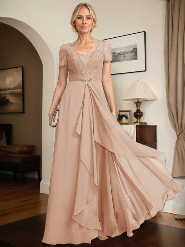 A-line Sweetheart Floor-Length Chiffon Lace Mother of the Bride Dress With Beading Cascading Ruffles - View 14 | FashionDia