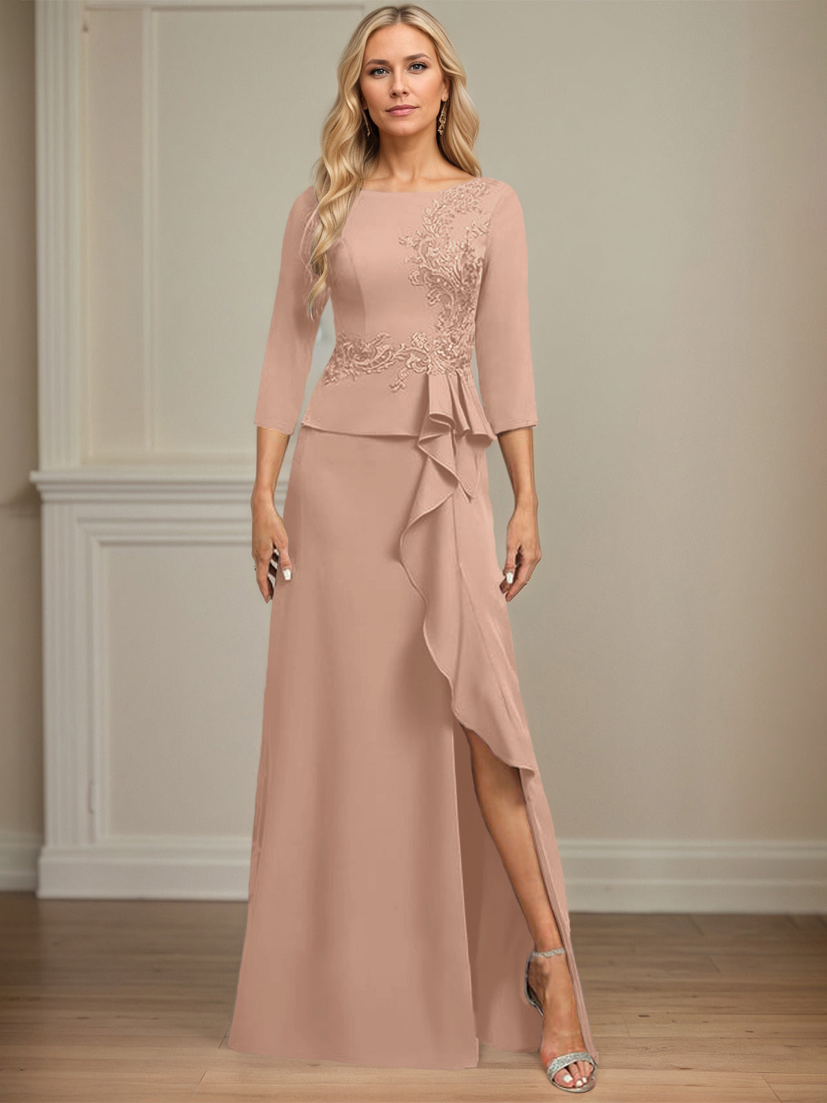 Sheath/Column Scoop Floor-Length Stretch Crepe Dress With Cascading Ruffles Appliques