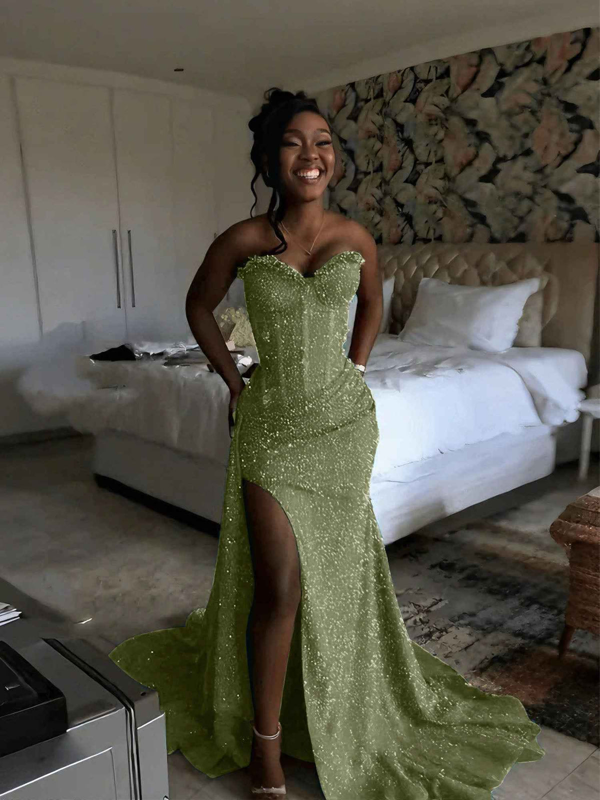 Glitter Strapless Mermaid Sequined Long Prom Dress with Slit (ZD17399)