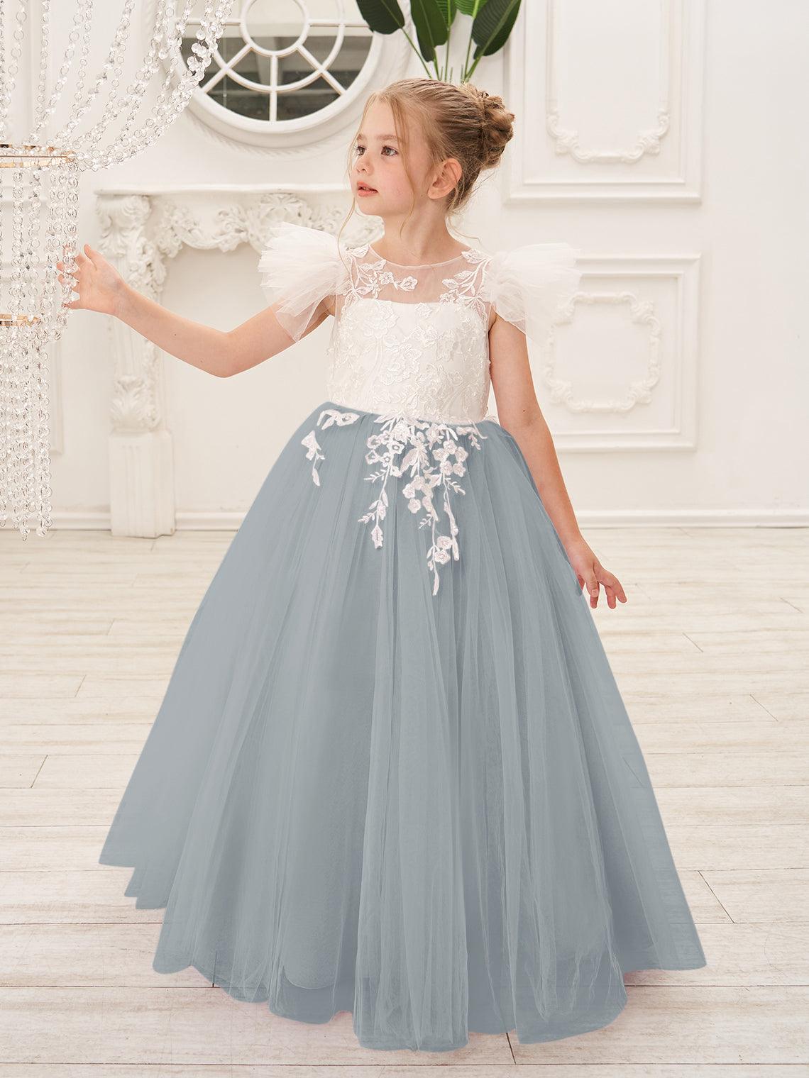 Detachable Lace Tulle Sweep Train Flower Girl Dress