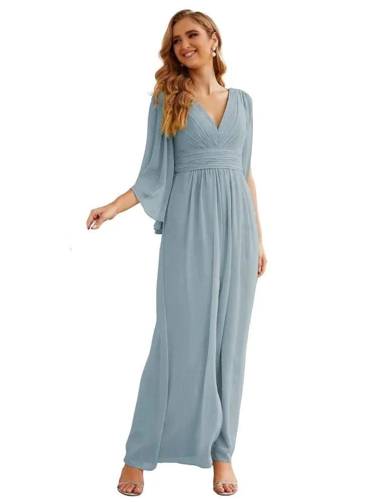 Numbersea Chiffon Bridesmaid Dresses with Split for Women Wedding Long Party Prom Gown Flutter Sleeve SEA28045 by numbersea