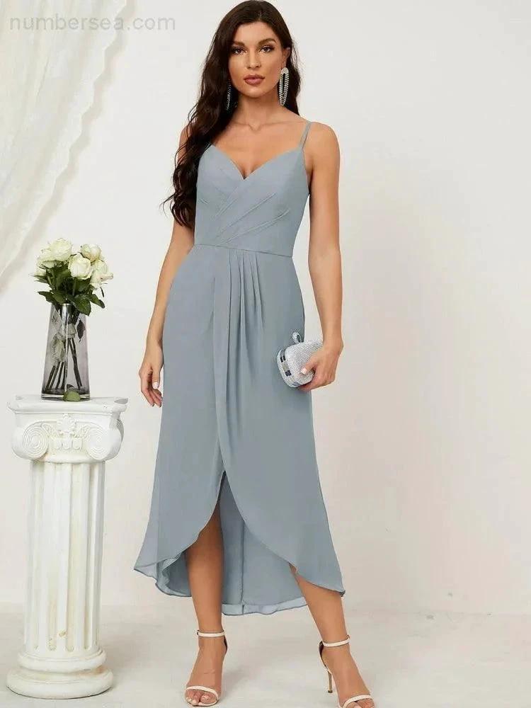 ZapDress Spaghetti Chiffon V Neck Bridesmaid Dress Mid-Length Slit Formal Prom Dress Homecoming Dress 2803 (ZD16952)