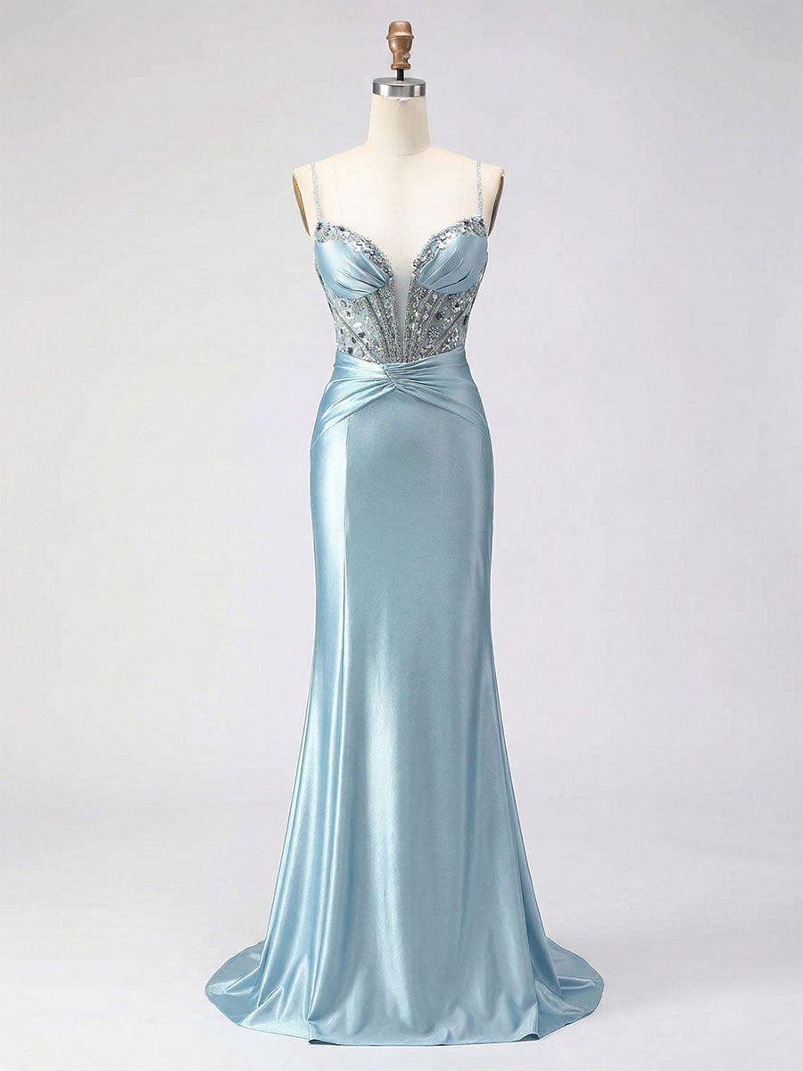 Dusty Blue Beaded Corset Satin Long Prom Dress - FashionDia