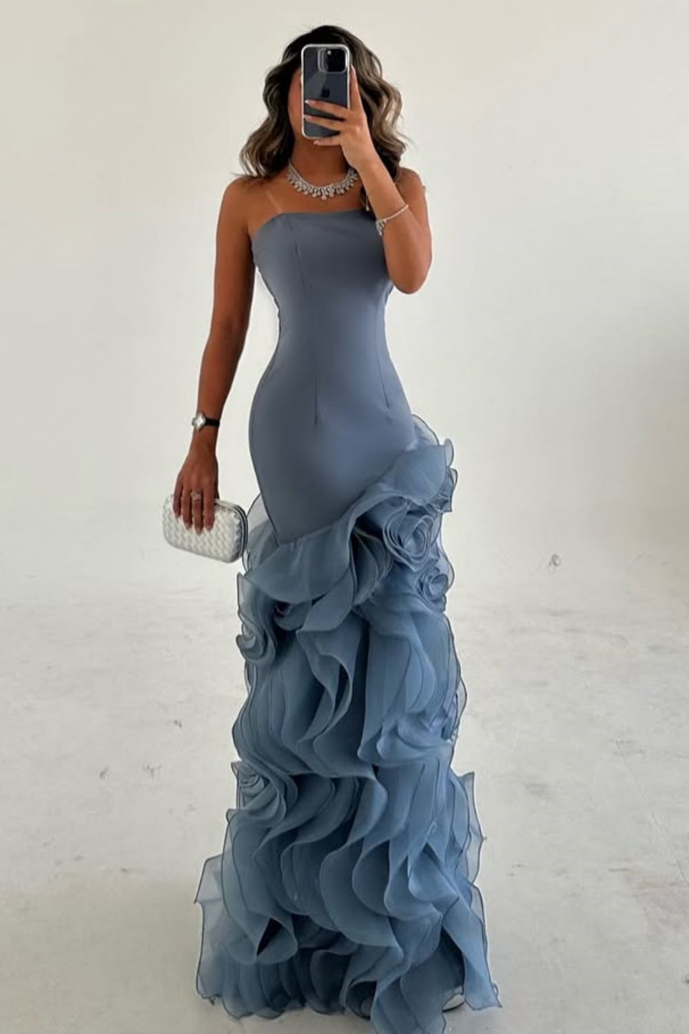 Dusty Blue Mermaid Strapless Lace Up Long Tulle Prom Dress with Ruffle - FashionDia