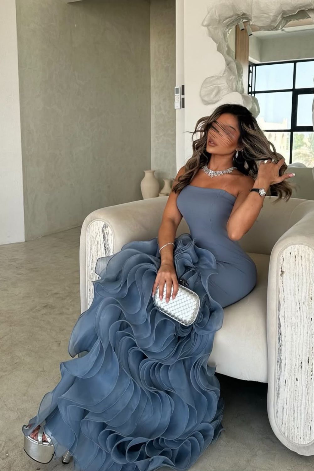Dusty Blue Mermaid Strapless Lace Up Long Tulle Prom Dress with Ruffle