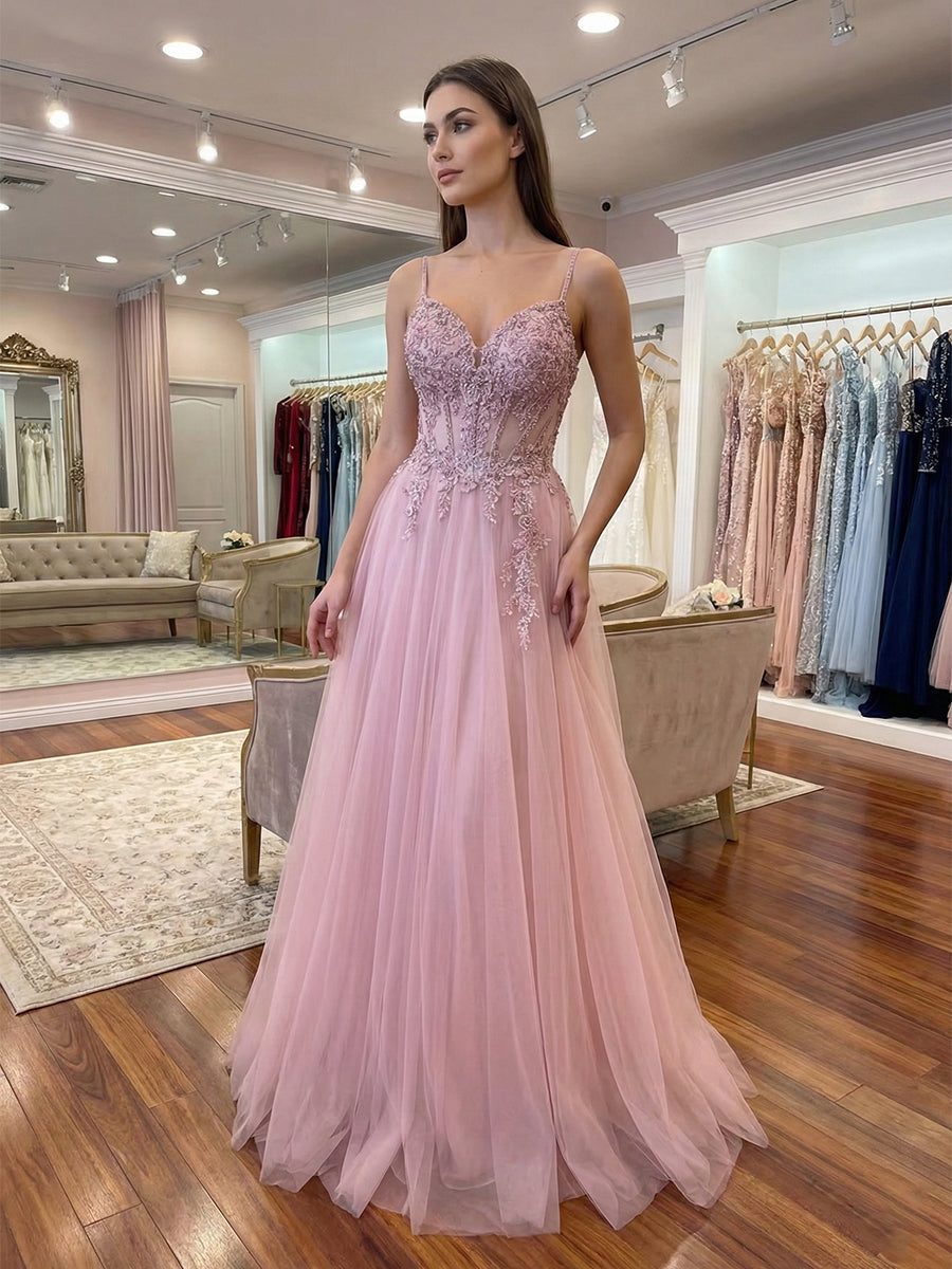 Dusty Pink A-Line Lace Applique Tulle Corset Prom Dress - FashionDia