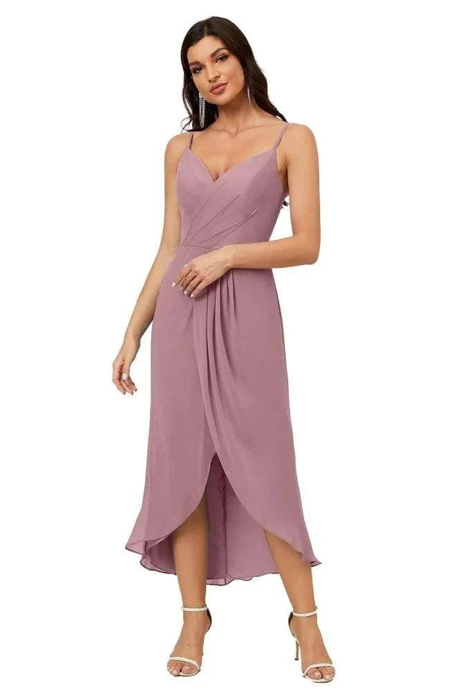 Numbersea Spaghetti Chiffon V Neck Bridesmaid Dress Mid-Length Slit Formal Prom Dress Homecoming Dress 2803 by numbersea