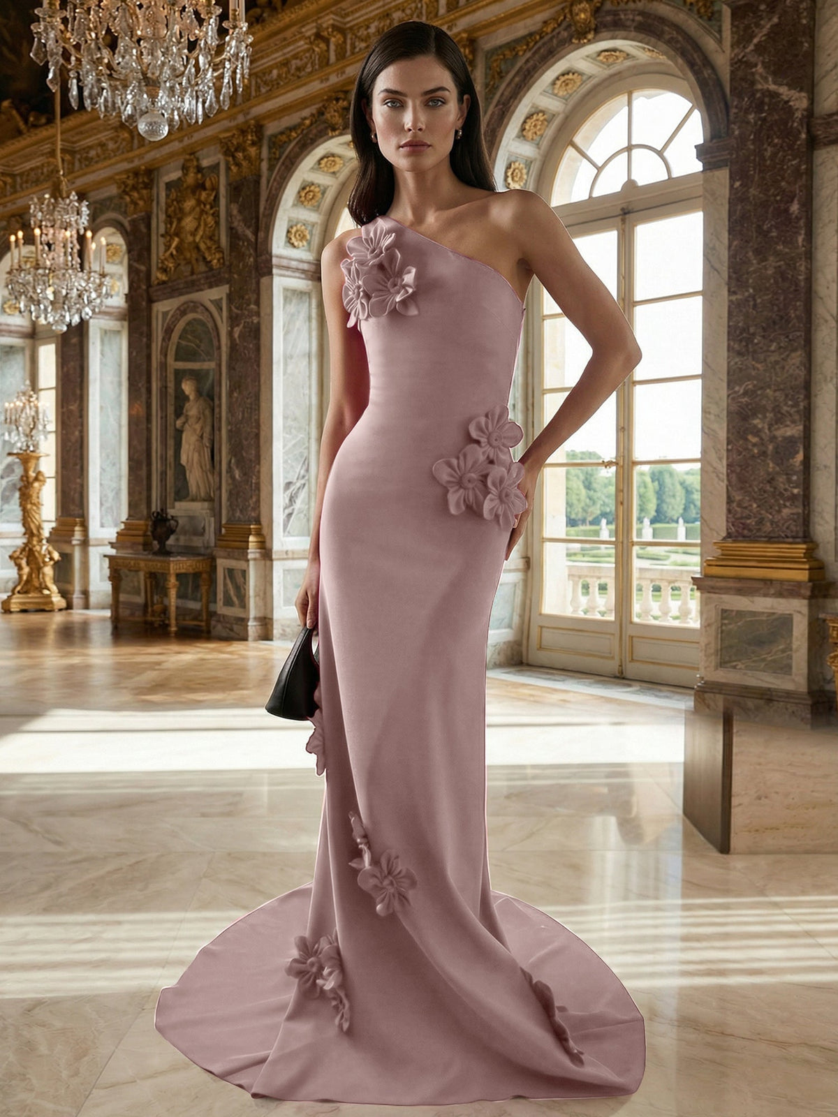 A-Line One-Shoulder Sleeveless Floor-Length Stretch Crepe Dress With 3D Flowers - View 8 | FashionDia