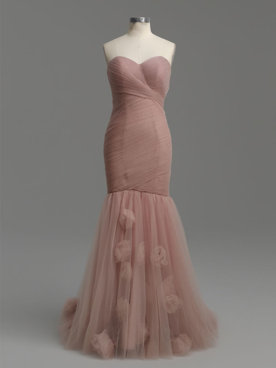 Dusty Rose Mermaid Strapless Ruched Tulle Prom Dress with 3D Floral - FashionDia