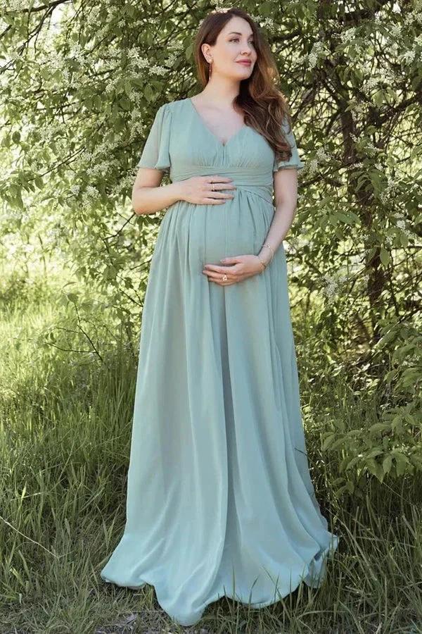 Dusty Sage V-Neck Maternity Bridesmaid Dress with Flared Sleeves BD129 by pgmdress