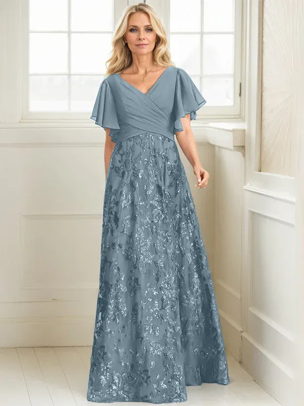 A-line V-Neck Floor-Length Lace Sequin Chiffon Mother of the Bride Dress With Pleated - View 11 | FashionDia