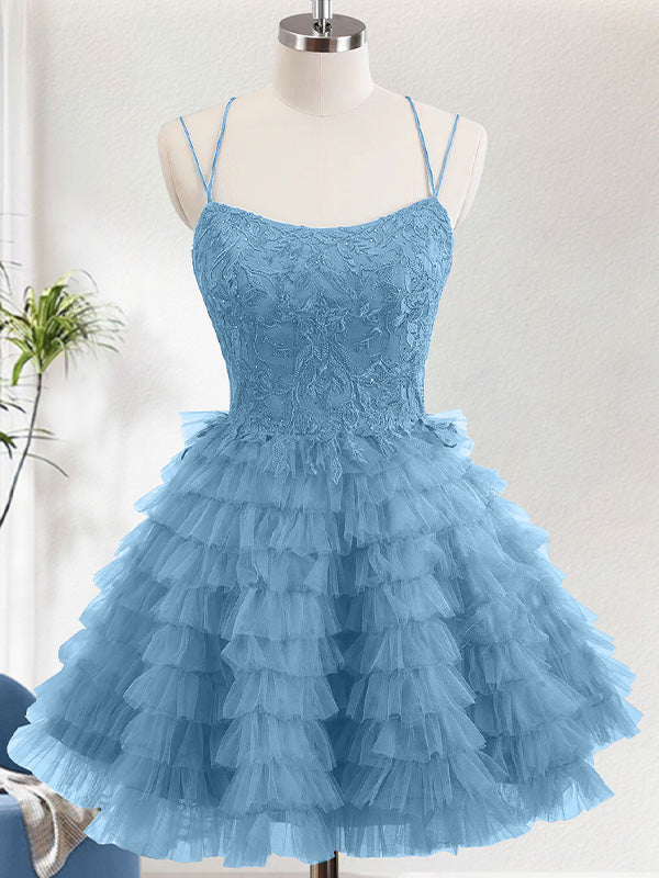 A-Line Spaghetti Straps Tulle Cute Homecoming Dress with Ruffles - FashionDia
