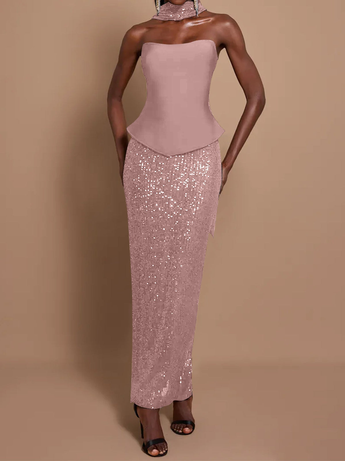 Off-Shoulder Bandage Top & Sequin Midi Skirt Set - View 8 | FashionDia