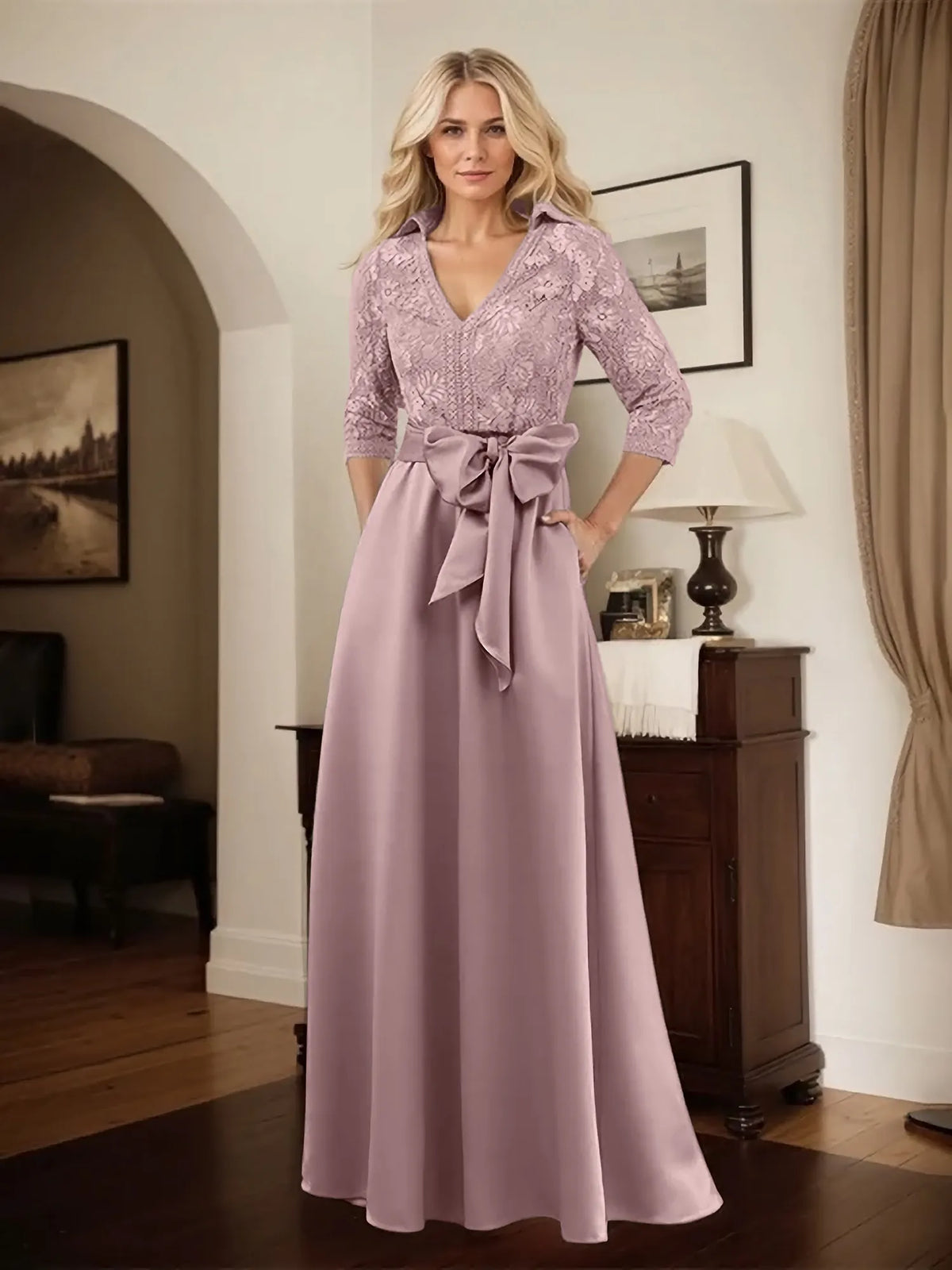 Classic V-Neck Bow Accented Satin Mother Of The Bride Dress With Lace - View 15 | FashionDia