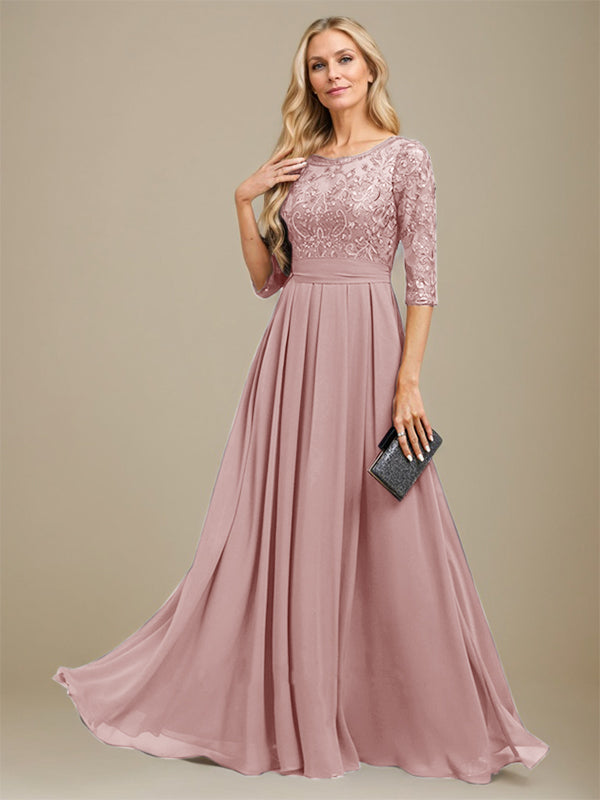 A-Line Scoop Floor-Length Lace Chiffon Mother Of the Bride Dress With Sequins Applique - View 15 | FashionDia